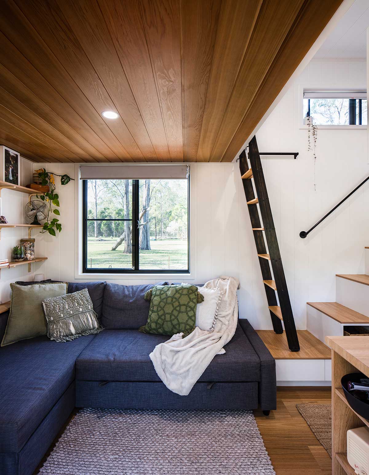 A living room space inside a tiny home