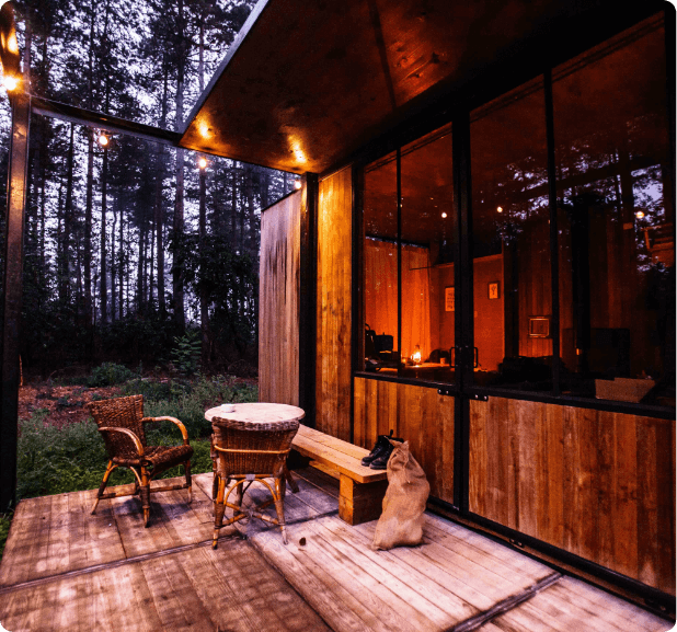 A one story house with an outdoor area