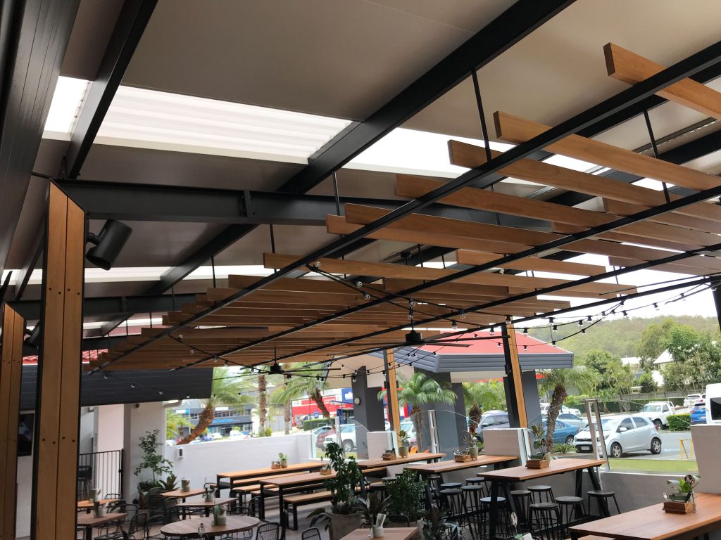 A dining area with wooden tables