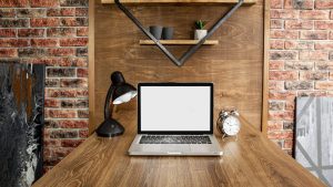 timber desk with laptop